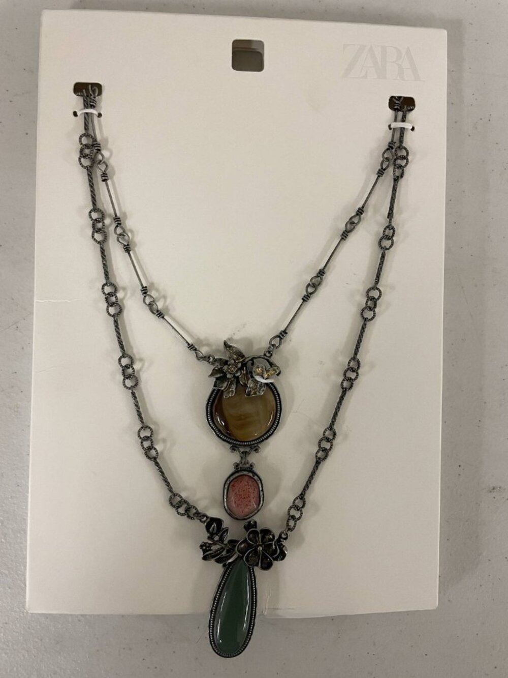 Zara Layered Necklace Floral Stone Pendant Silver Tone Statement Jewelry New